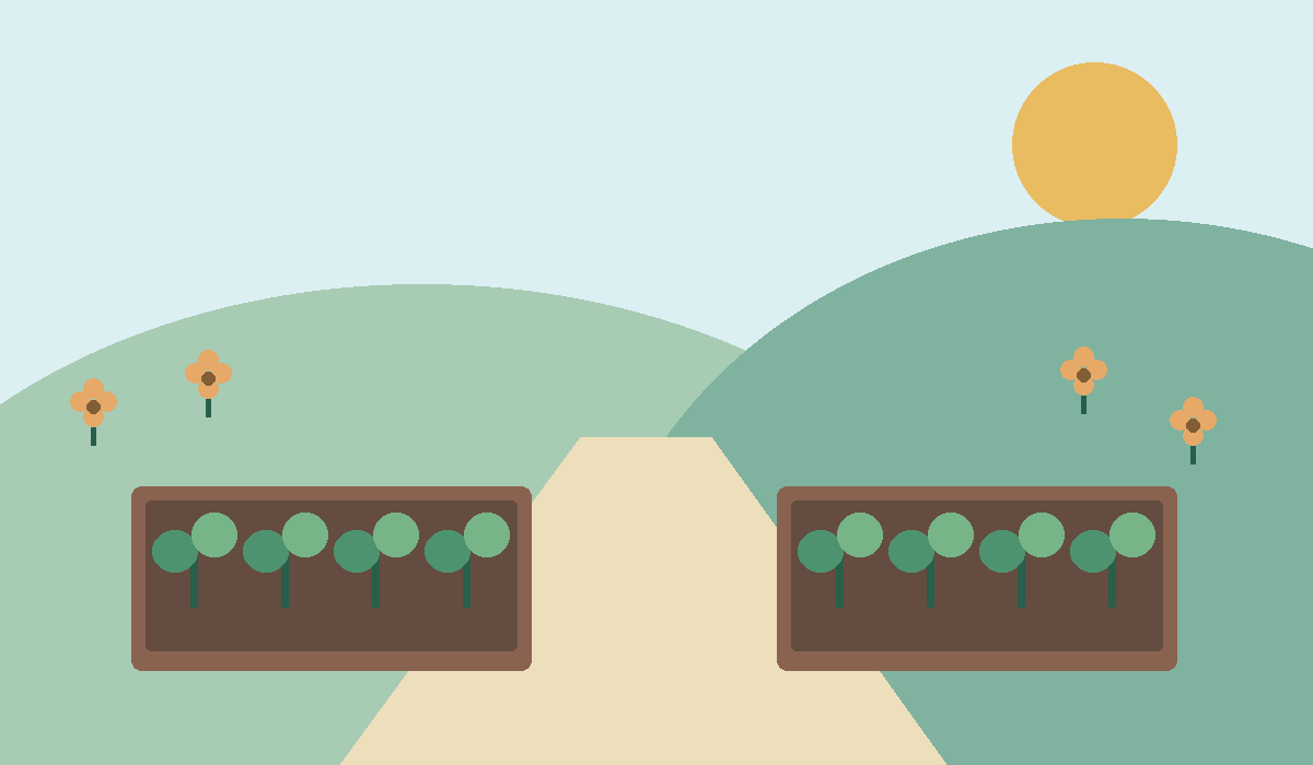 Illustration eines Stadtgartens mit Pflanzbeeten, Blumen und einem Weg zwischen grünen Hügeln.